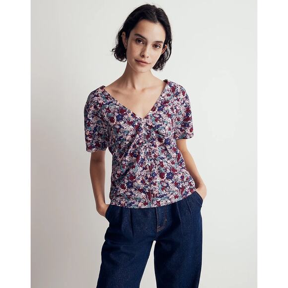 Madewell Puff Sleeve Top Mini Floral Seersucker V Neck Side Zip Short Sleeve 00 - Picture 1 of 6
